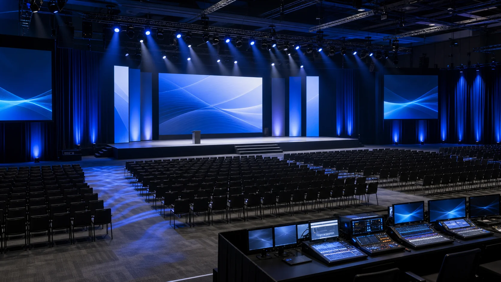 Concept conference venue integrating the main stage, audience area and content control