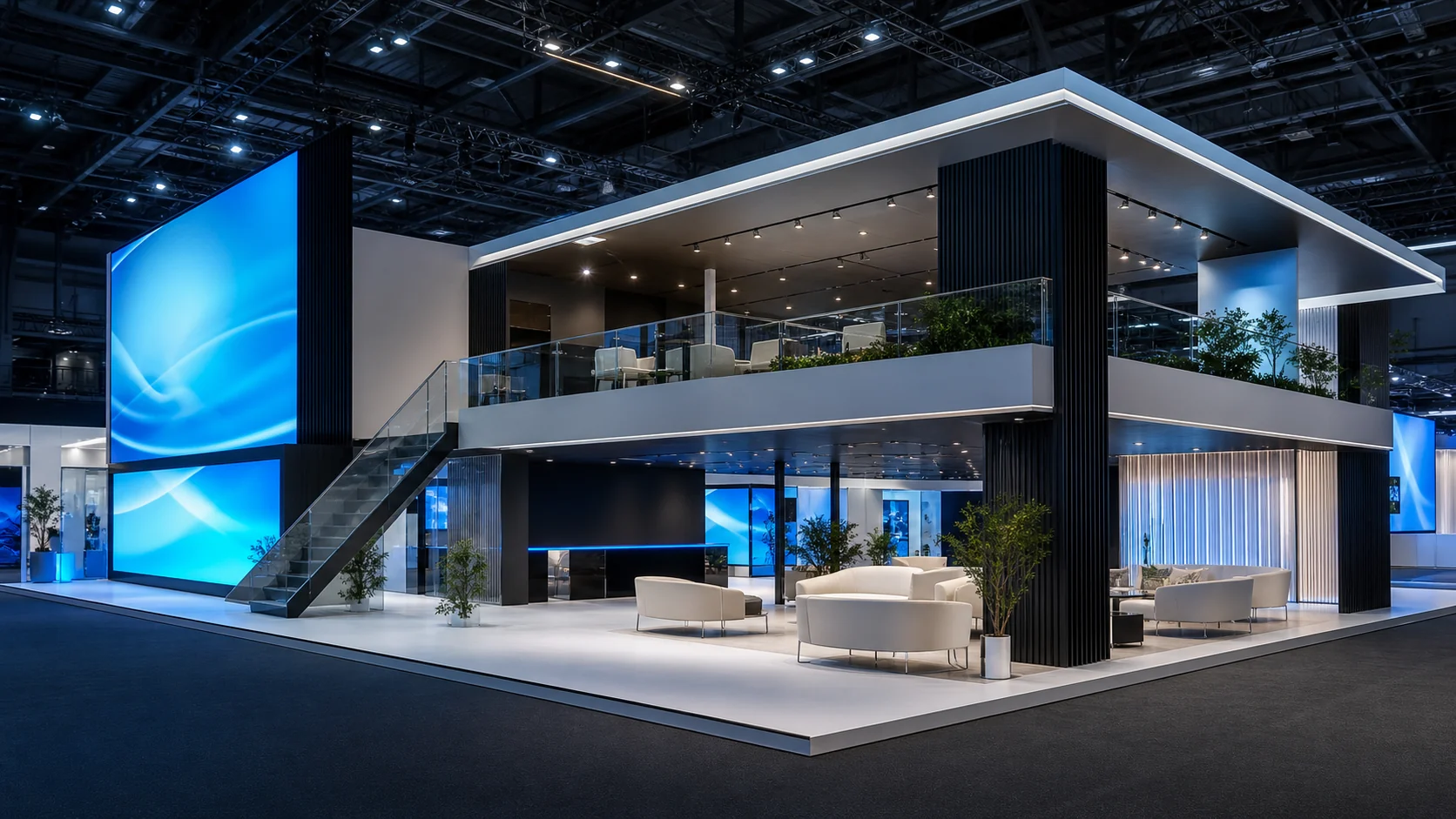 Concept space for a large open exhibition stand with blue-cyan digital media surfaces